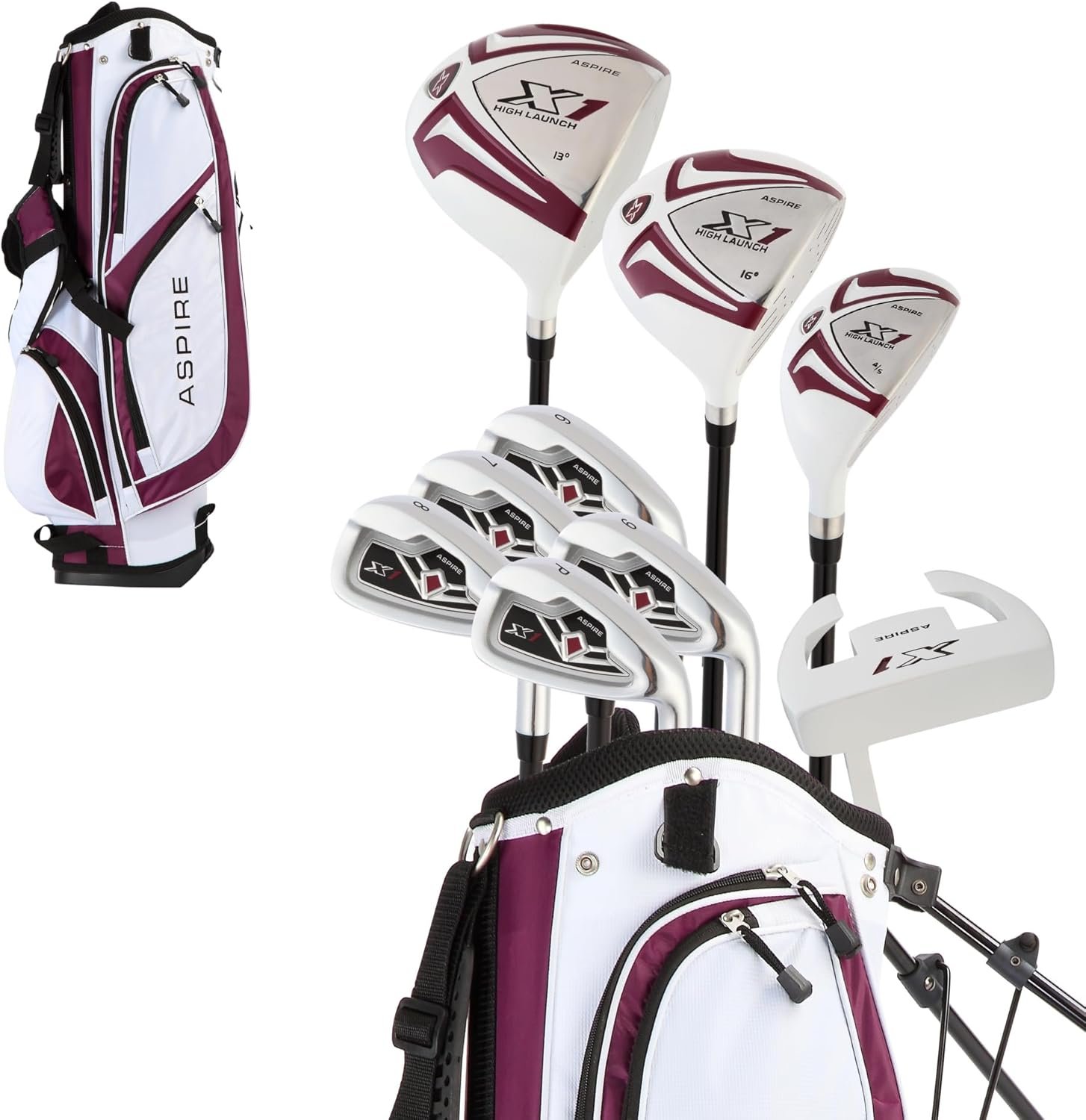 Aspire X1 Womens Golf Clubs Full Set – Driver, Fairway, Hybrid, 6-PW Irons, Putter, Stand Bag Headcovers - Graphite Shafts - Right Handed Aspire X1 Womens Golf Clubs Full Set – Driver, Fairway, Hybrid, 6-PW Irons, Putter, Stand Bag Headcovers - Graphite Shafts - Right Handed