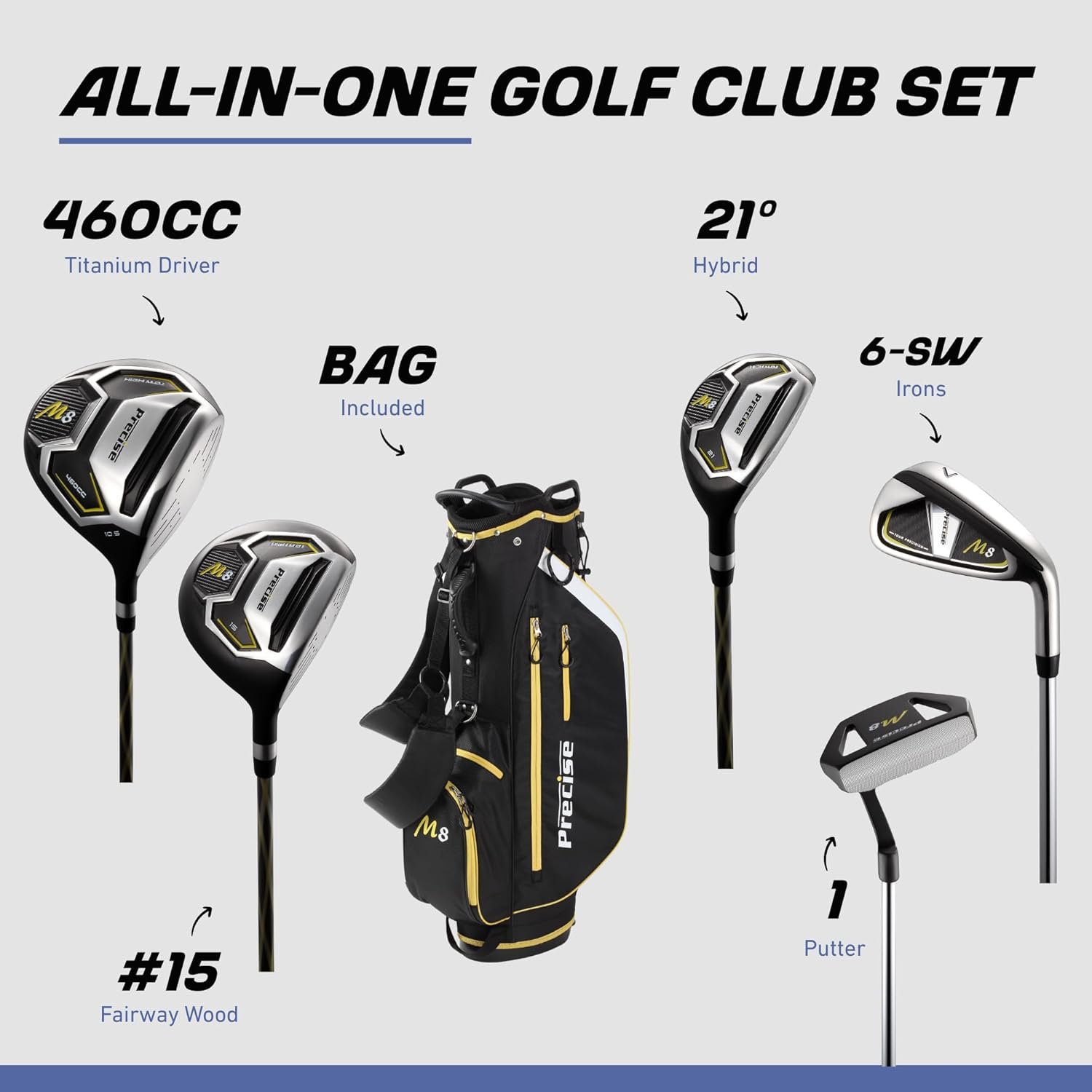 Precise M8 Mens 17-Piece Golf Set – Kevlar Graphite Shafts | Driver, Woods, Hybrids, Irons (6-SW), Putter, Stand Bag, Headcovers  Rainhood
