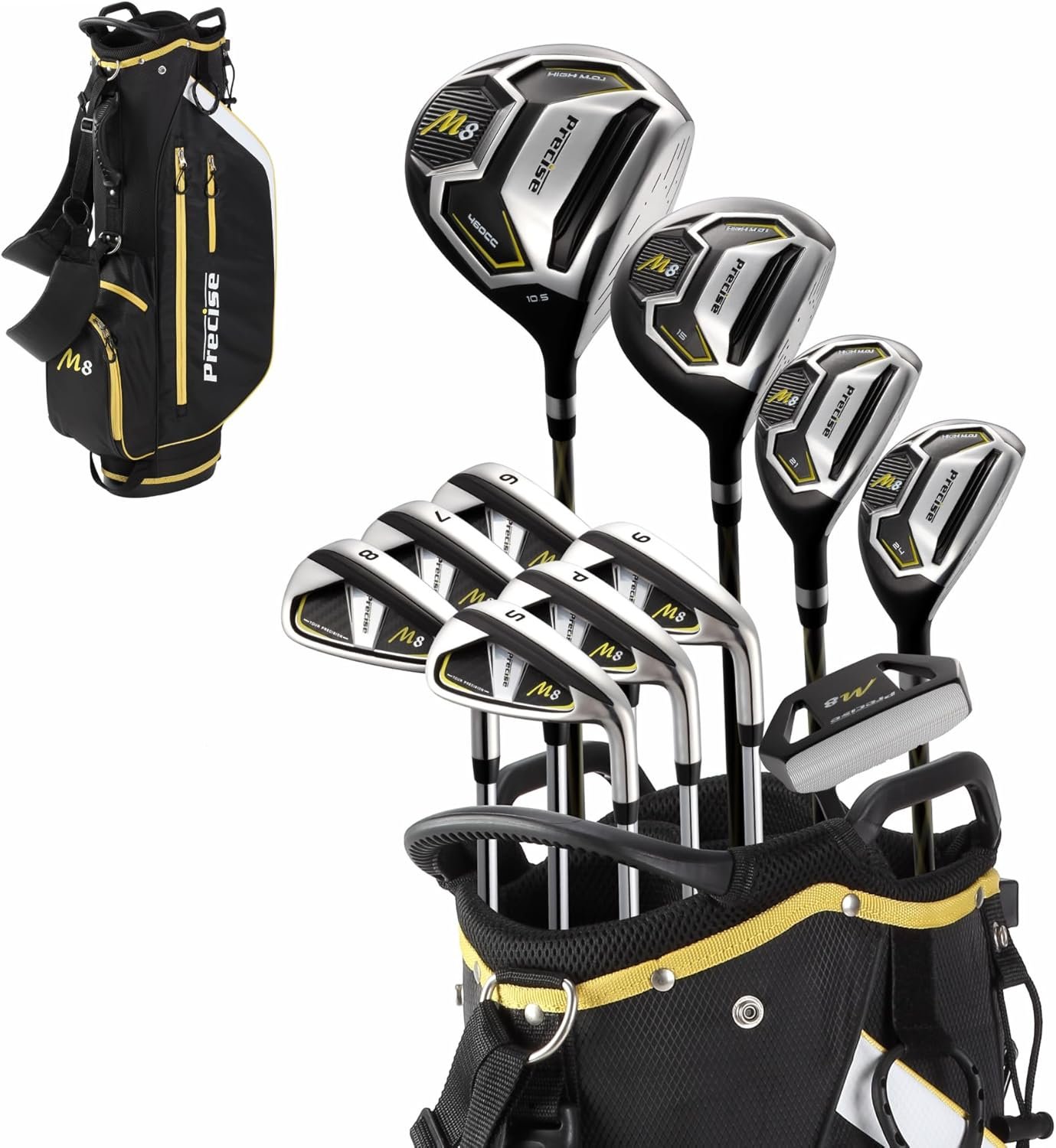 Precise M8 Mens 17-Piece Golf Set – Kevlar Graphite Shafts | Driver, Woods, Hybrids, Irons (6-SW), Putter, Stand Bag, Headcovers  Rainhood