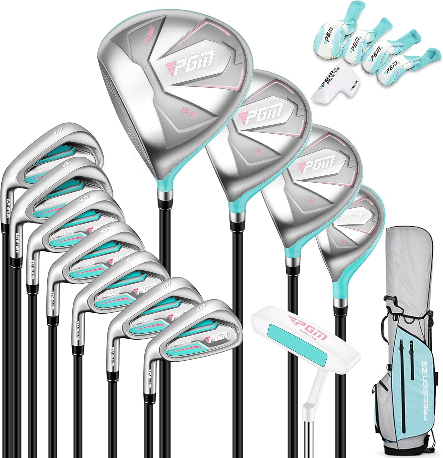 PGM Womens Oversea/12 Pieces Complete Golf Club Set with High-Strength Thin Face Design 460cc Driver - Golf Stand Bag  Headcovers