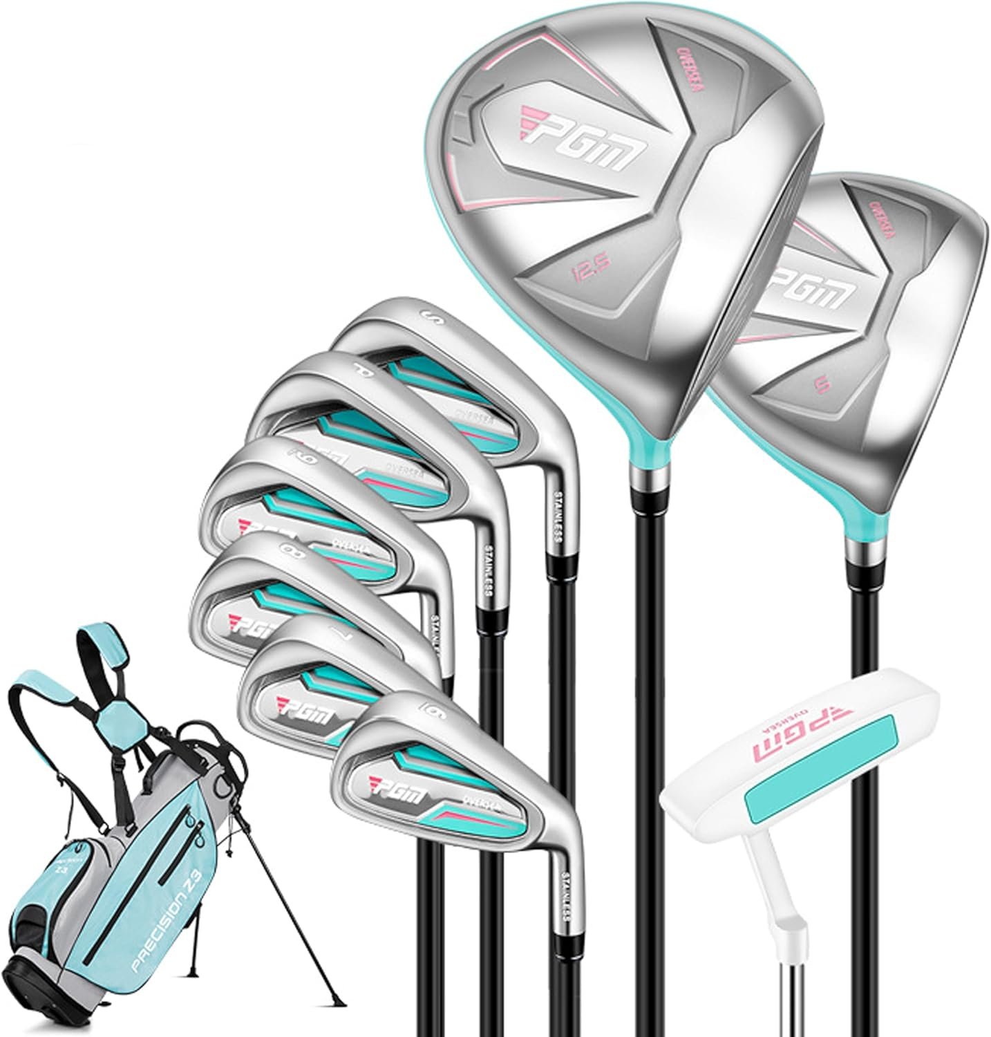 PGM Womens Oversea/12 Pieces Complete Golf Club Set with High-Strength Thin Face Design 460cc Driver - Golf Stand Bag  Headcovers