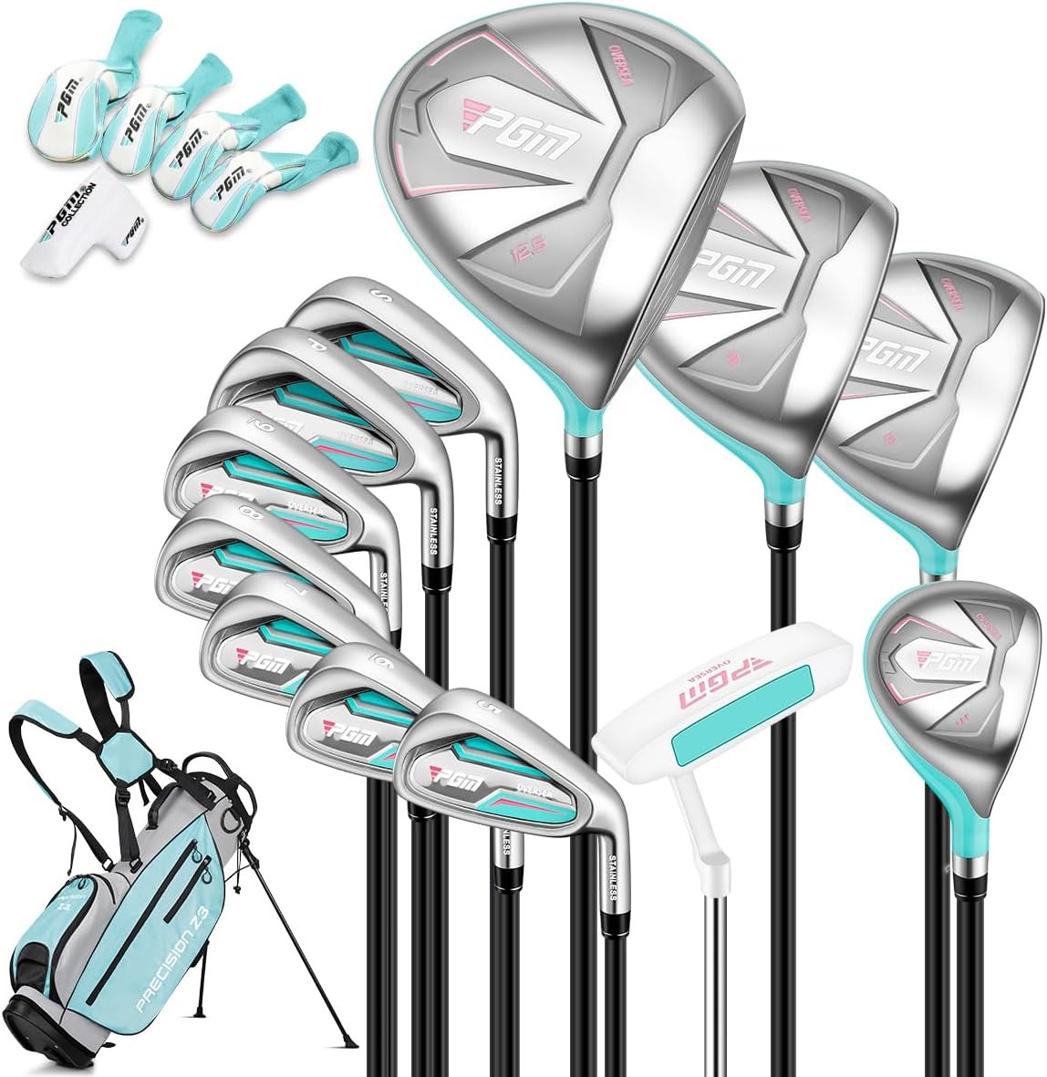 PGM Womens Oversea/12 Pieces Complete Golf Club Set with High-Strength Thin Face Design 460cc Driver - Golf Stand Bag  Headcovers