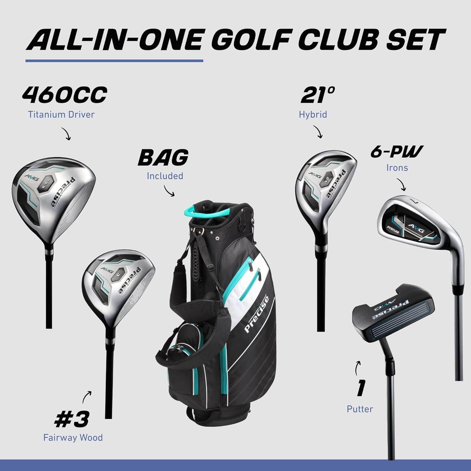 Precise AMG Men’s 14-Piece Golf Set – Titanium Driver, Wood, Hybrid, 6-PW Irons, Putter, Stand Bag, Headcovers and Cover – RH Precise AMG Men’s 14-Piece Golf Set – Titanium Driver, Wood, Hybrid, 6-PW Irons, Putter, Stand Bag, Headcovers and Cover – RH