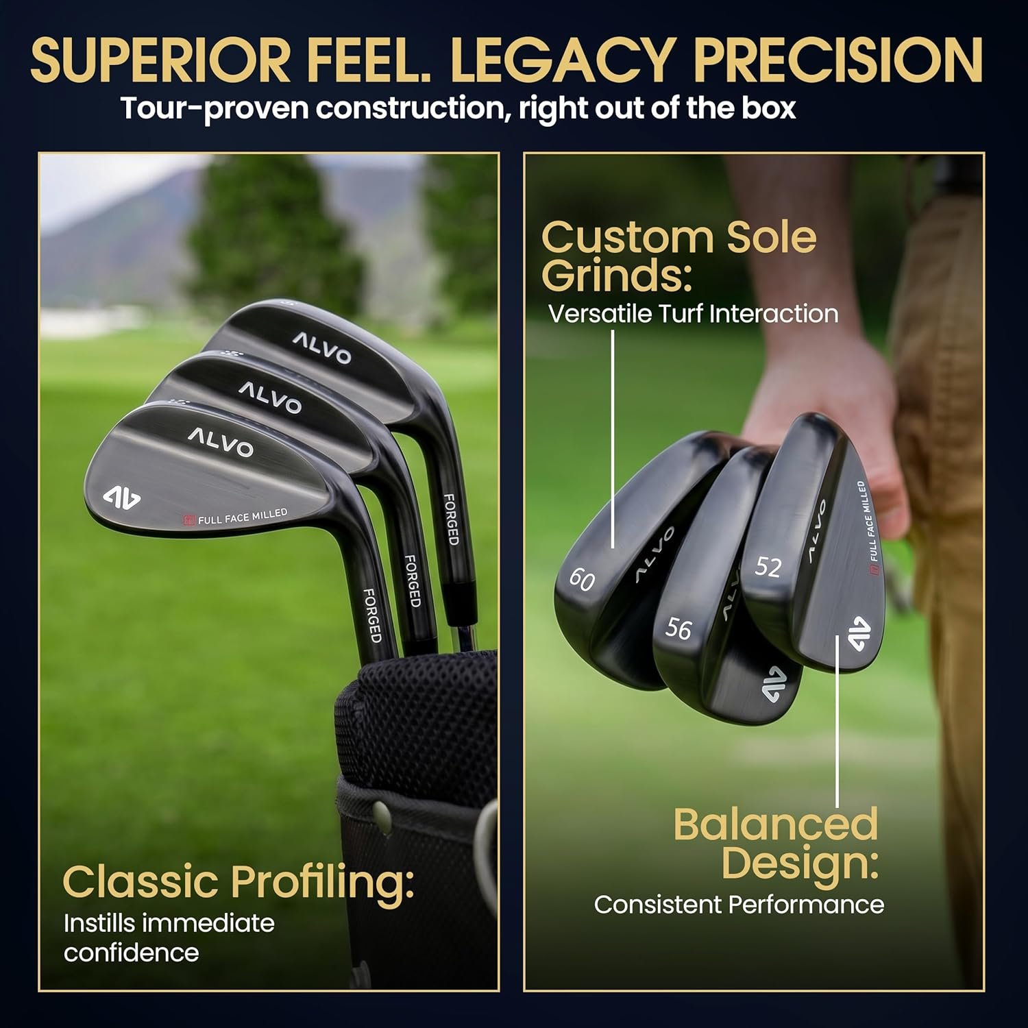 ALVO GOLF - Premium Full Face Golf Wedges, Golf Wedge Set and Singles, Wedges/56/60/70 Degree,Lob,Gap,Sand Golf Club for Men, Premium Grip, Right Hand, max Spin