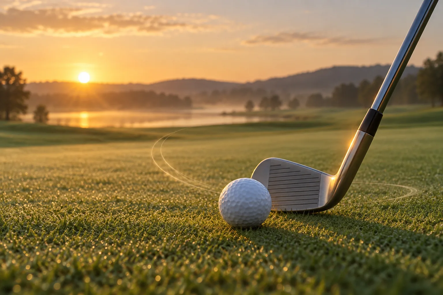 A polished golf club and ball on a quiet practice green at sunrise, with subtle curved motion trails suggesting smooth rhythm, weight shift, and preci...