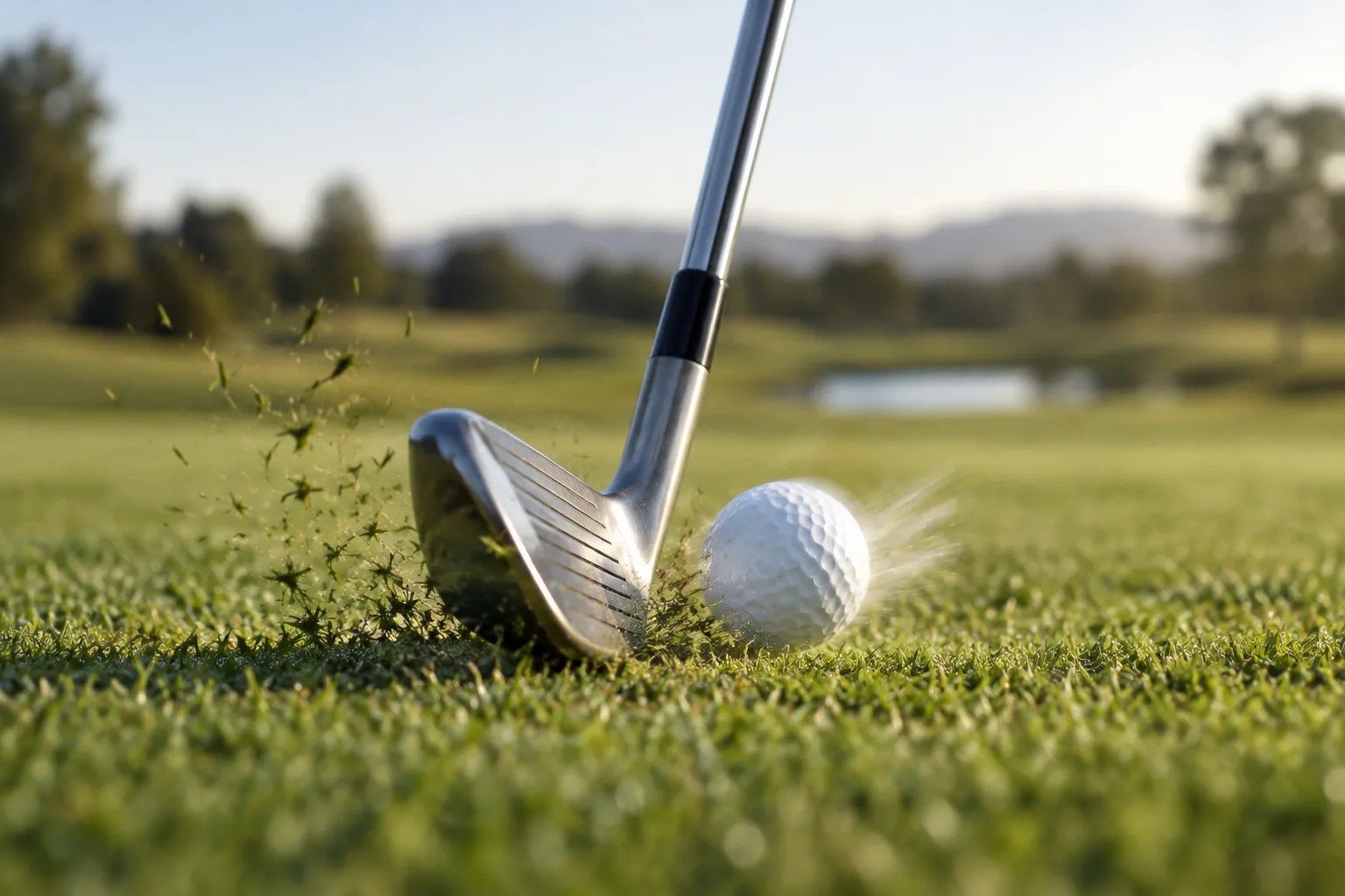 Create a clean, realistic featured image showing a golf club striking a golf ball with the club shaft leaning slightly forward at impact, emphasizing...