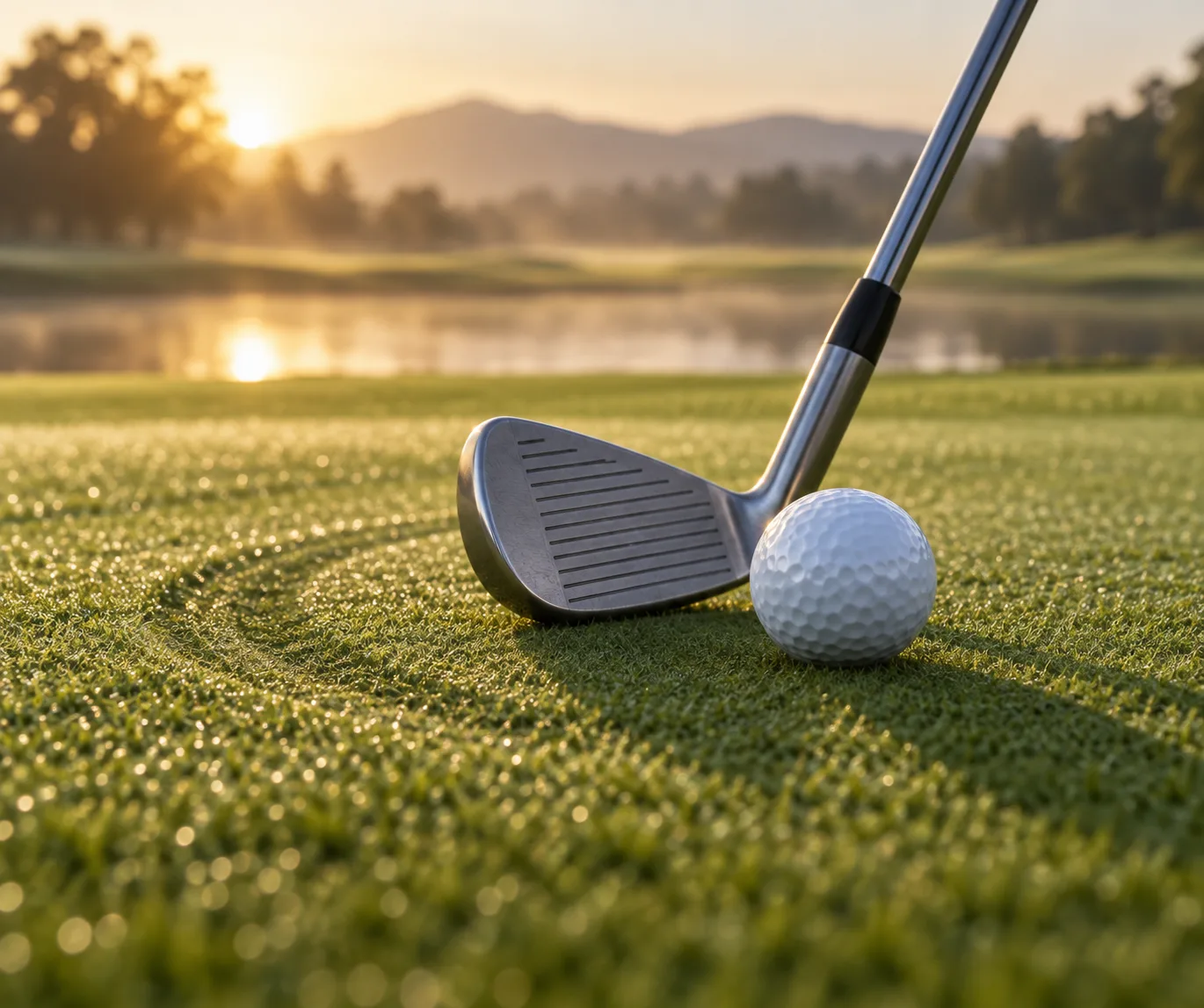 Create a polished editorial photograph of a single golf club resting beside one golf ball on a pristine practice green, with a subtle curved swing pat...